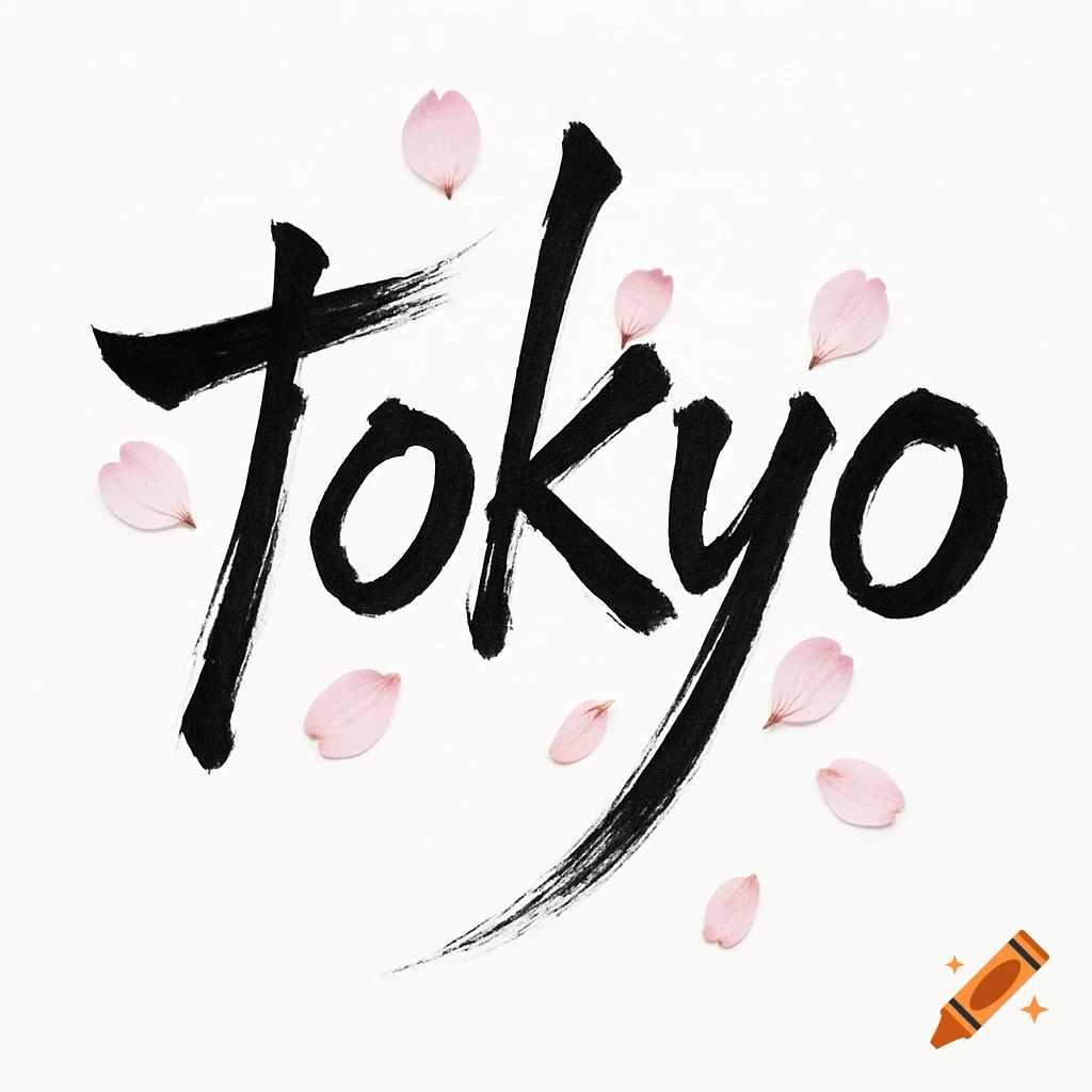 The word "Tokyo" written in bold black calligraphic style with pink cherry blossom petals scattered on a white background.