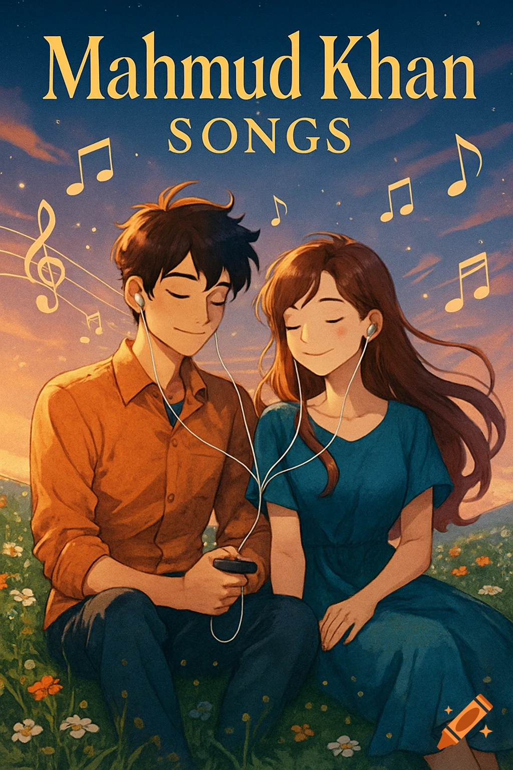 Anime couple sharing wired earphones in a field at sunset, surrounded by musical notes, with 'Mahmud Khan SONGS' text.
