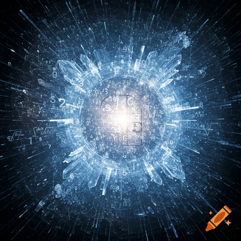 A glowing blue abstract depiction of mathematical concepts, numbers, and symbols emanating from a bright central light, including a golden ratio spiral.
