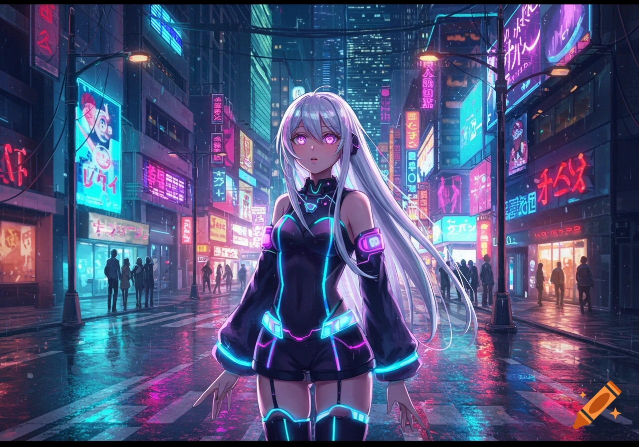 An anime girl with long white hair and glowing pink eyes stands in a neon-lit cyberpunk city at night, with wet streets reflecting lights.