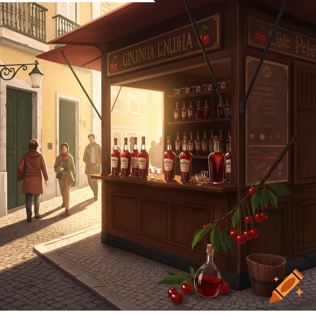 A sunlit street scene with a Ginjinha stall displaying many red liqueur bottles and glasses, with pedestrians walking in the background.