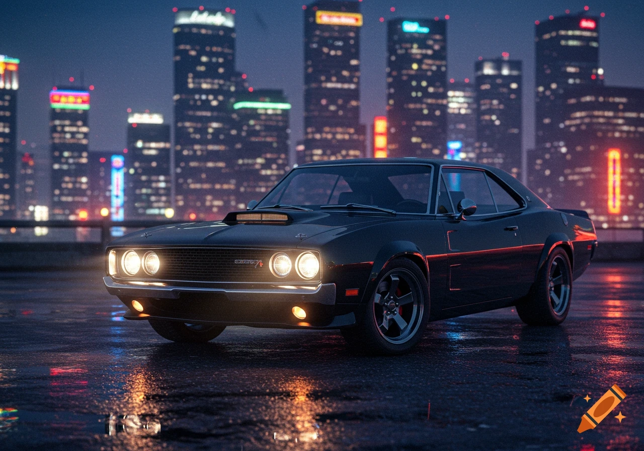 A black classic Dodge Charger muscle car with headlights on, parked on a wet street at night with a city skyline in the background, photorealistic style.