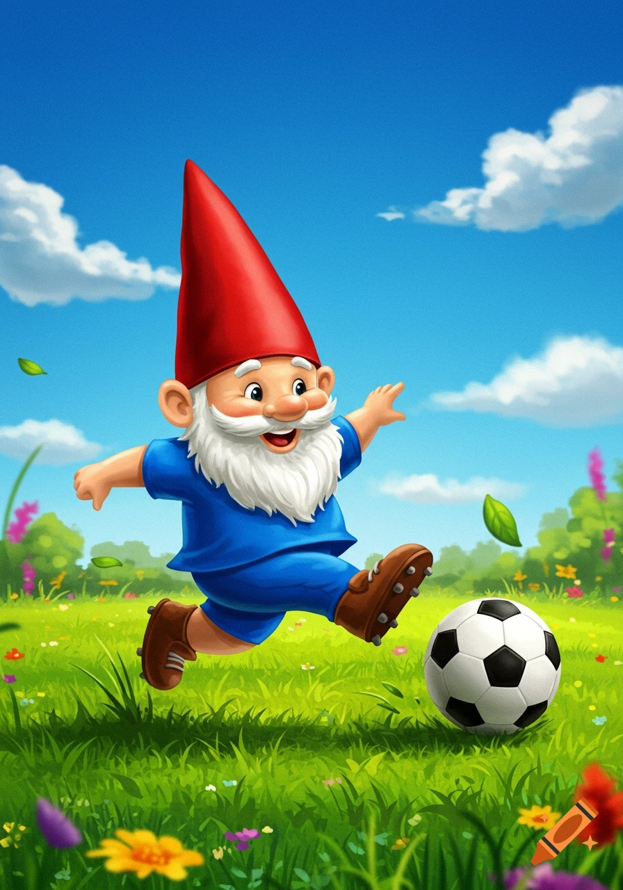 A happy cartoon gnome in a red hat, blue shirt, and brown cleats kicks a soccer ball in a vibrant green field with flowers under a blue sky.