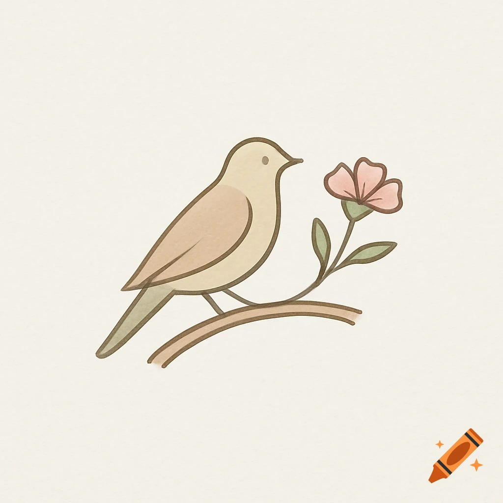 A simple line art illustration of a light brown bird perched on a curved branch next to a pink flower, on a cream background.