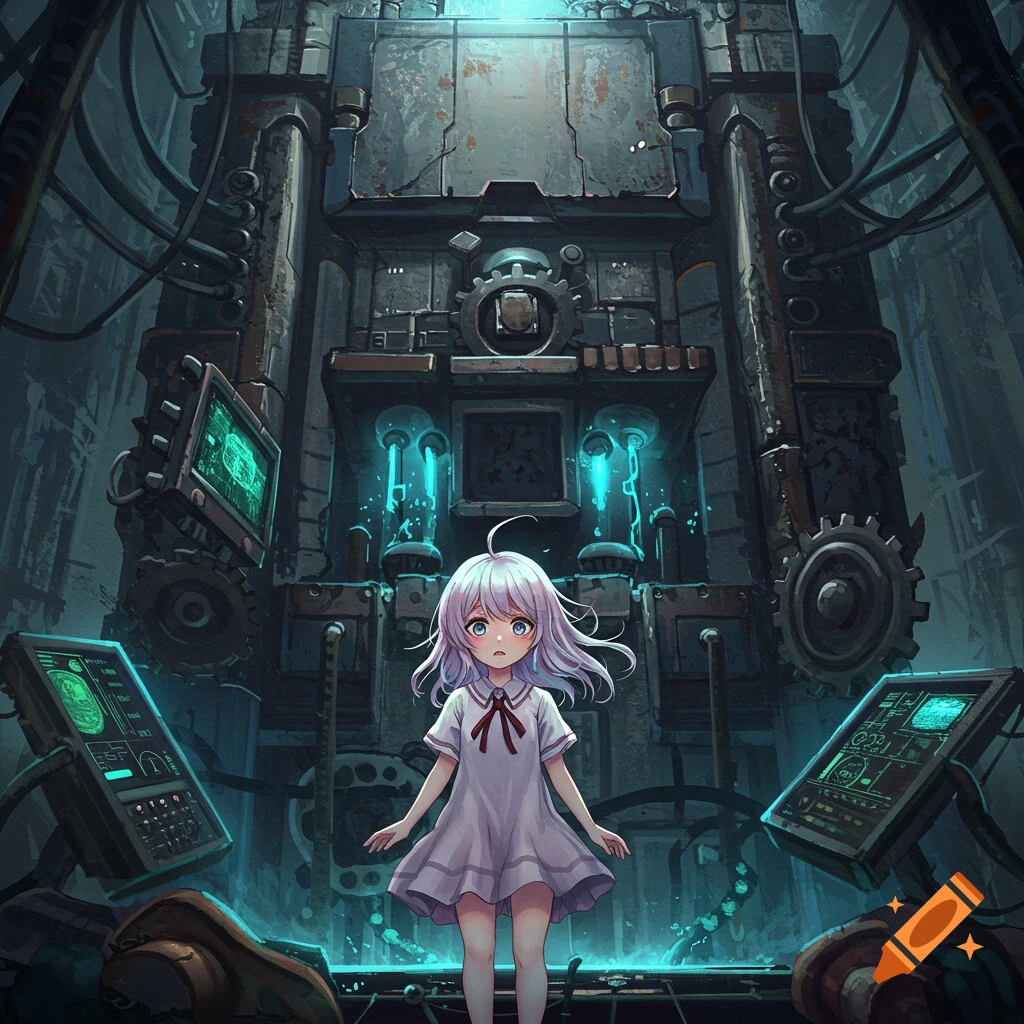 An anime girl with light purple hair and blue eyes stands in a dark, glowing industrial room with large machinery.