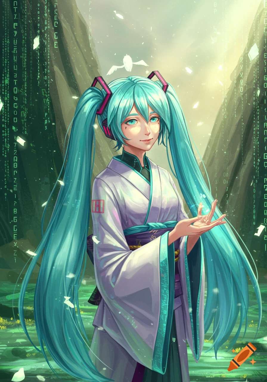 An anime girl resembling Hatsune Miku in a white kimono with blue accents, against a green digital code background with floating white elements.