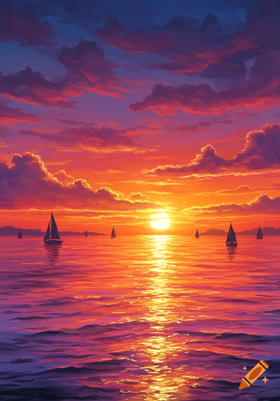Vibrant sunset over the ocean with multiple sailboats silhouetted against the bright red and orange sky and reflective water.