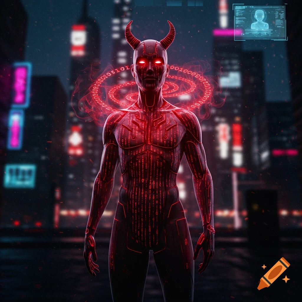 A red horned humanoid figure covered in glowing binary code stands in a cyberpunk city at night, surrounded by a red digital aura.