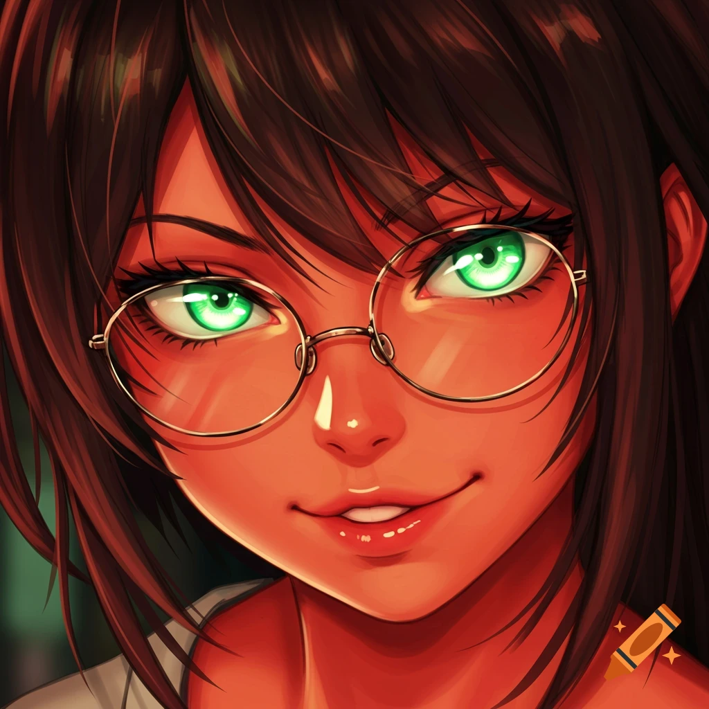 Close-up anime portrait of a girl with long brown hair, round glasses, and glowing green eyes, with a sassy expression.