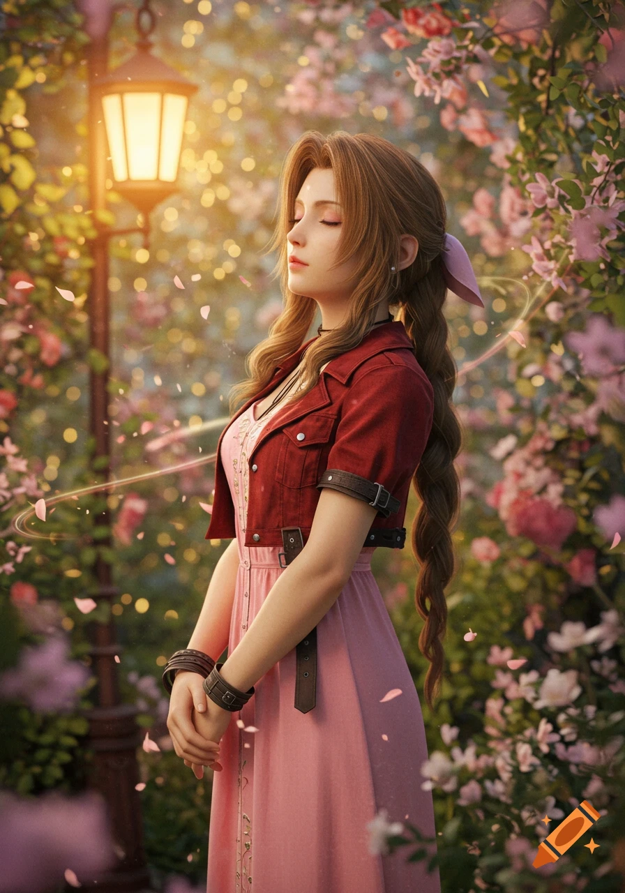 A serene woman with long brown braids and a pink dress stands among pink roses and a lantern at sunset, with petals falling.