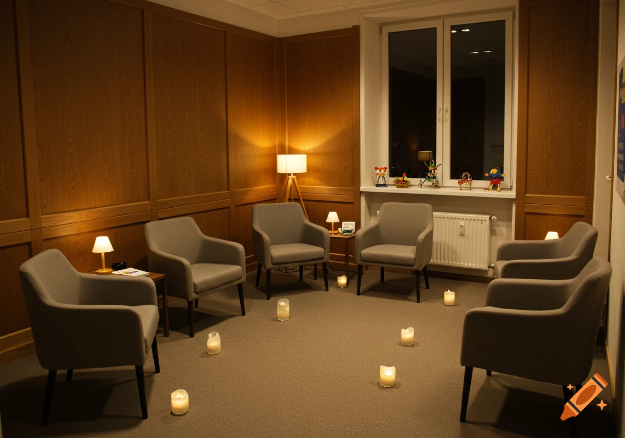 A dimly lit, cozy room with a circle of grey armchairs, scattered floor candles, and small table lamps, wooden paneled walls.