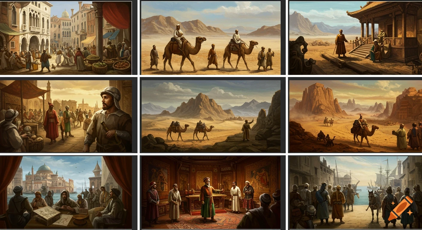 A grid of nine historical paintings depicting Marco Polo's journeys, showing bustling Venice, desert caravans, and meetings in Asian settings.
