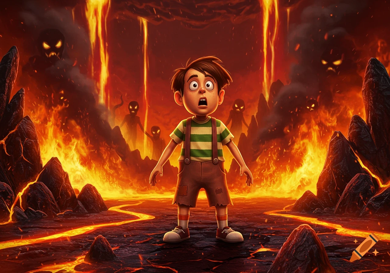 A terrified cartoon boy stands in a fiery hellscape filled with lava, dark rocks, and shadowy demons.