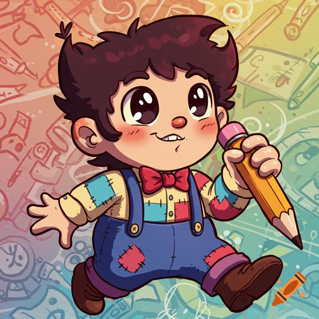 A cute, cheerful cartoon boy with big eyes and a bow tie, wearing patchwork overalls, holds a large yellow pencil. The background is filled with colorful doodles.