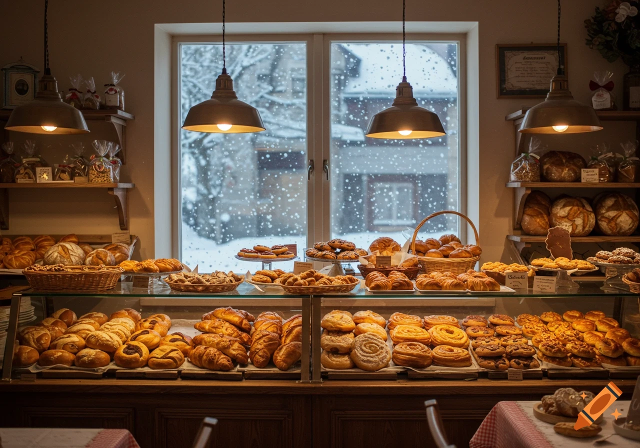 A cozy bakery interior filled with display cases of fresh bread, croissants, pastries, and cookies, with snow falling outside a large window.