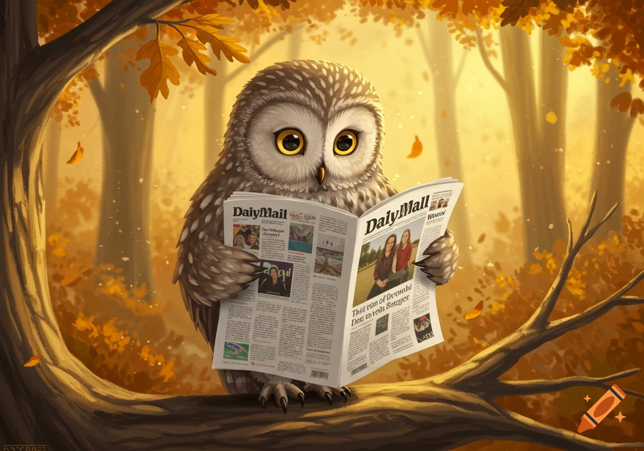 A cute cartoon owl sits on an autumn tree branch, reading a newspaper titled "DailyMail" amidst falling yellow and orange leaves.
