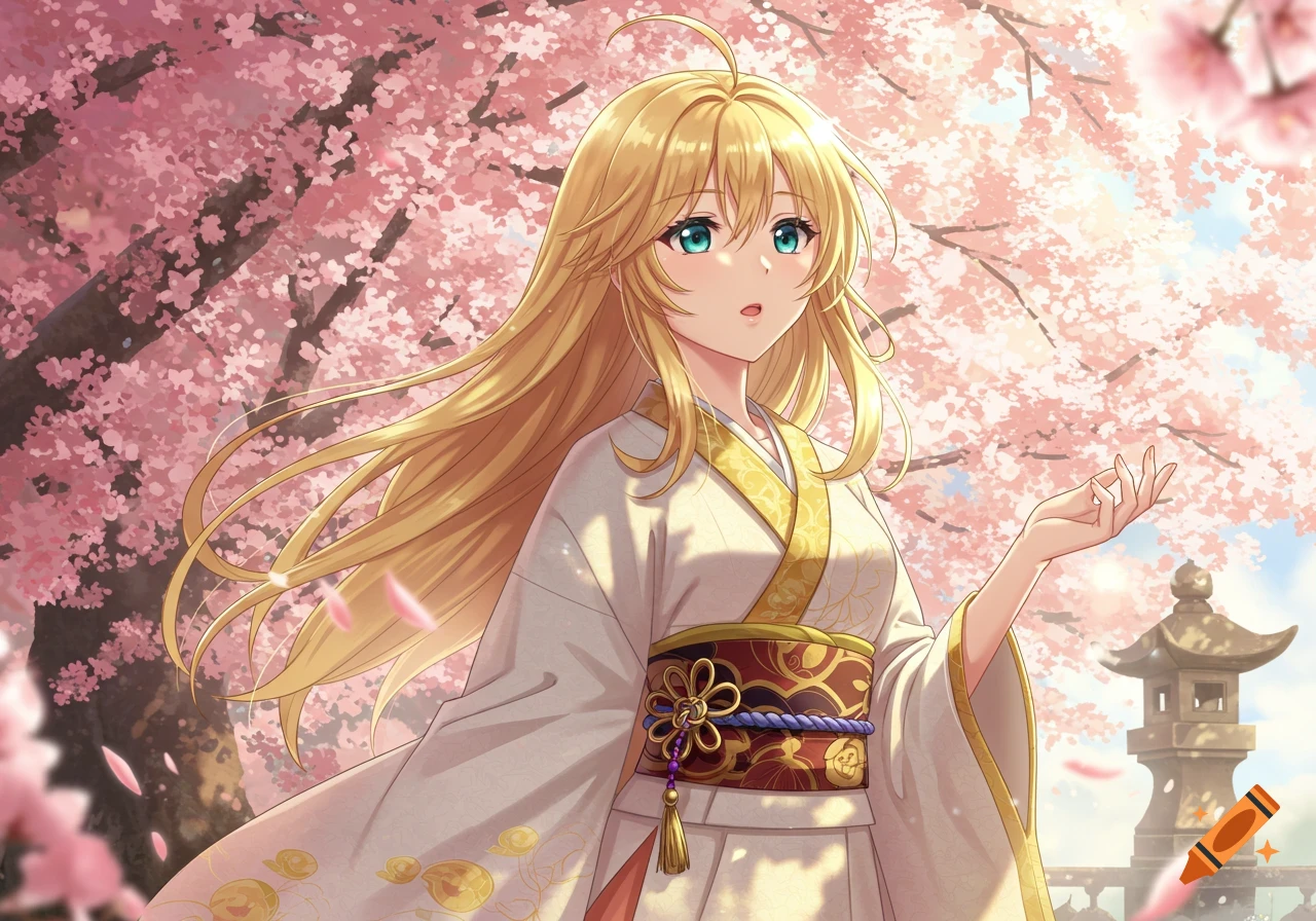 An anime girl with long blonde hair in a white kimono stands under pink cherry blossoms, with a stone lantern in the background.