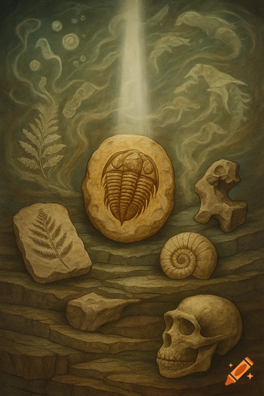 Illustration of various fossils: a trilobite, fern imprints, a shell, and a human skull on rocky layers with a beam of light.