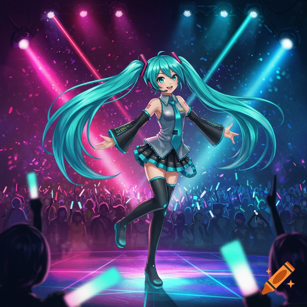 Anime-style Hatsune Miku performs on a vibrant stage, illuminated by pink and blue spotlights, before a crowd with glow sticks.
