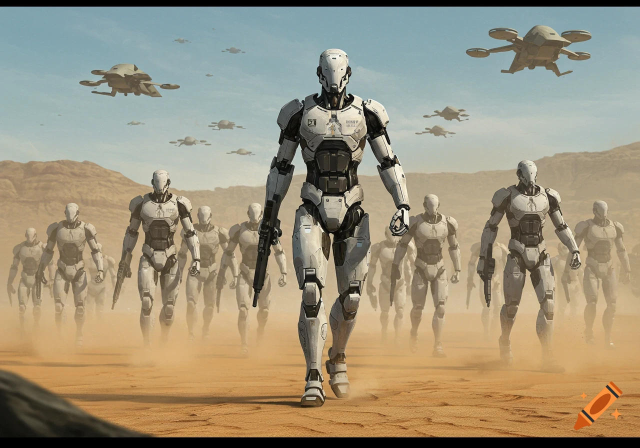 A squad of advanced white and black military robots marches through a dusty desert, accompanied by flying drones.