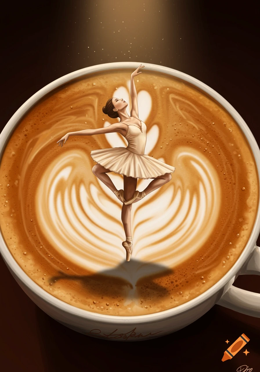 Digital illustration of a ballerina dancing on latte art in a coffee cup.