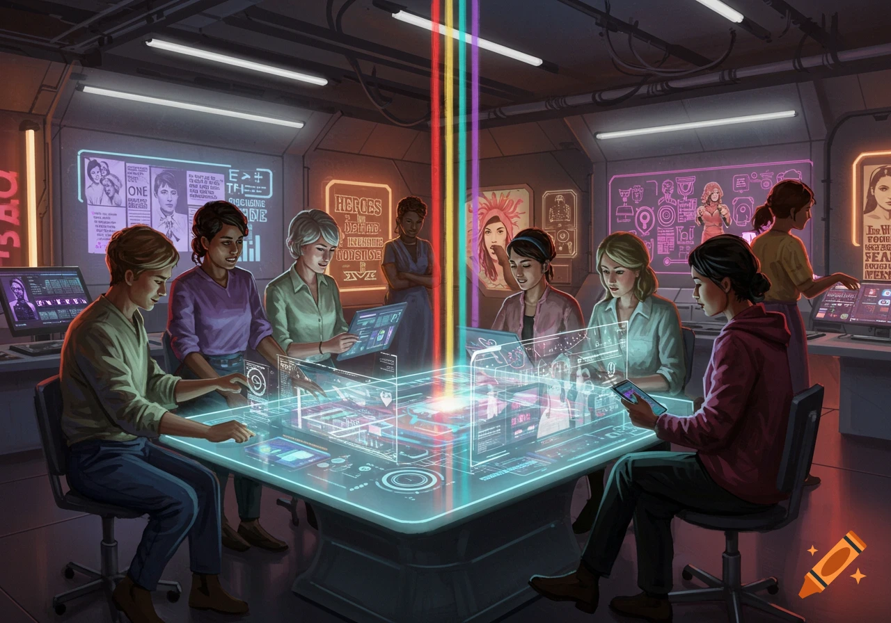 Women and a man in a futuristic lab around a glowing holographic table with rainbow light, studying digital interfaces.