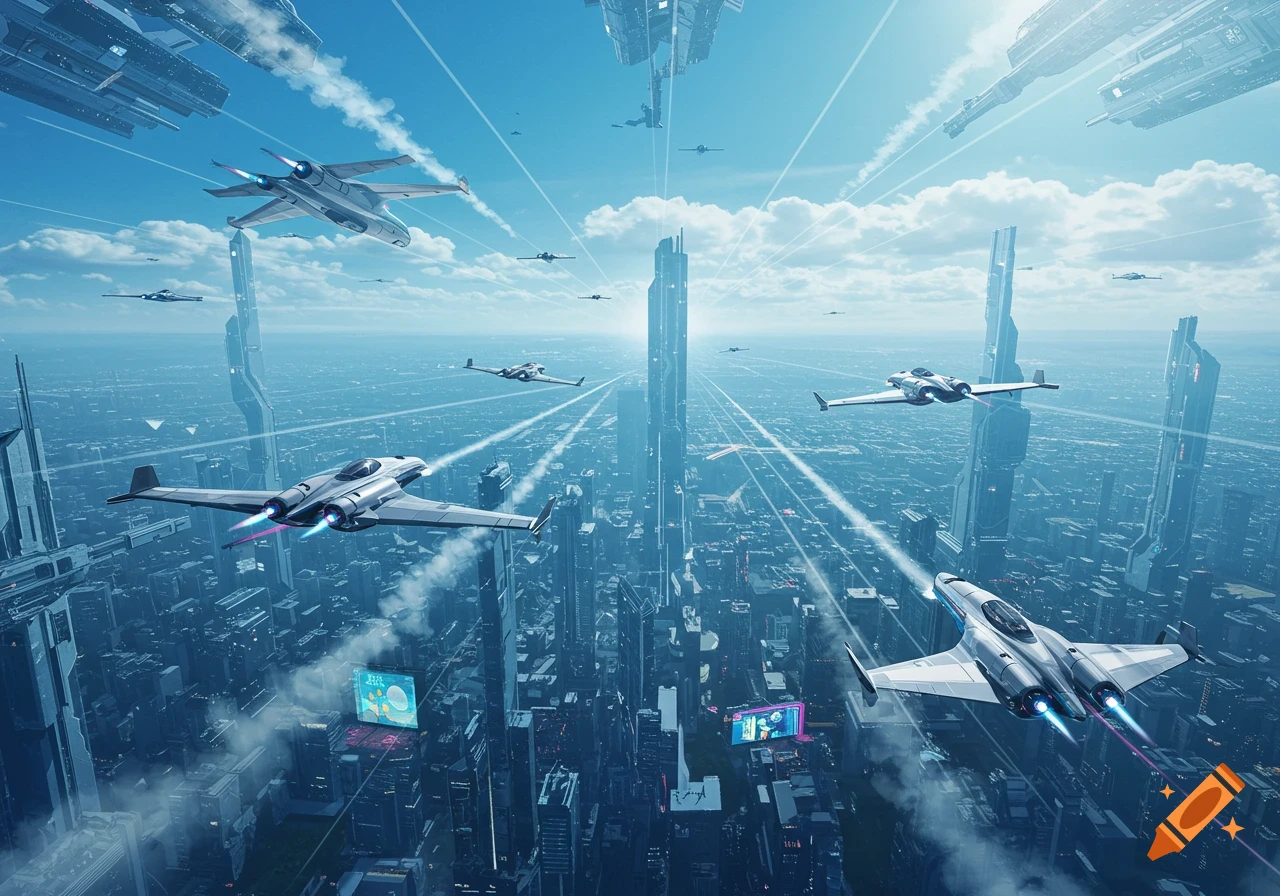 Futuristic city with towering skyscrapers and multiple sleek aircraft flying through a bright blue sky.