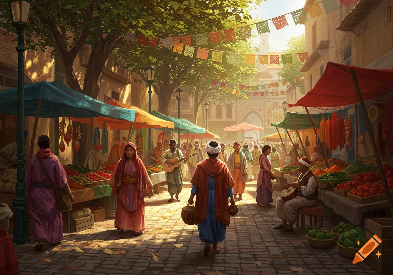 A vibrant, painted market scene with people, colorful stalls, trees, and banners under a sunny sky.