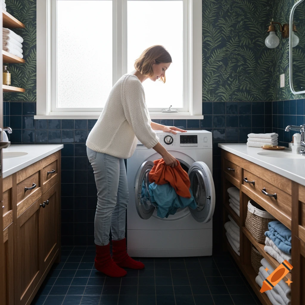 A woman in a white sweater, blue jeans, and red socks puts colorful laundry into a washing machine in a stylish bathroom.