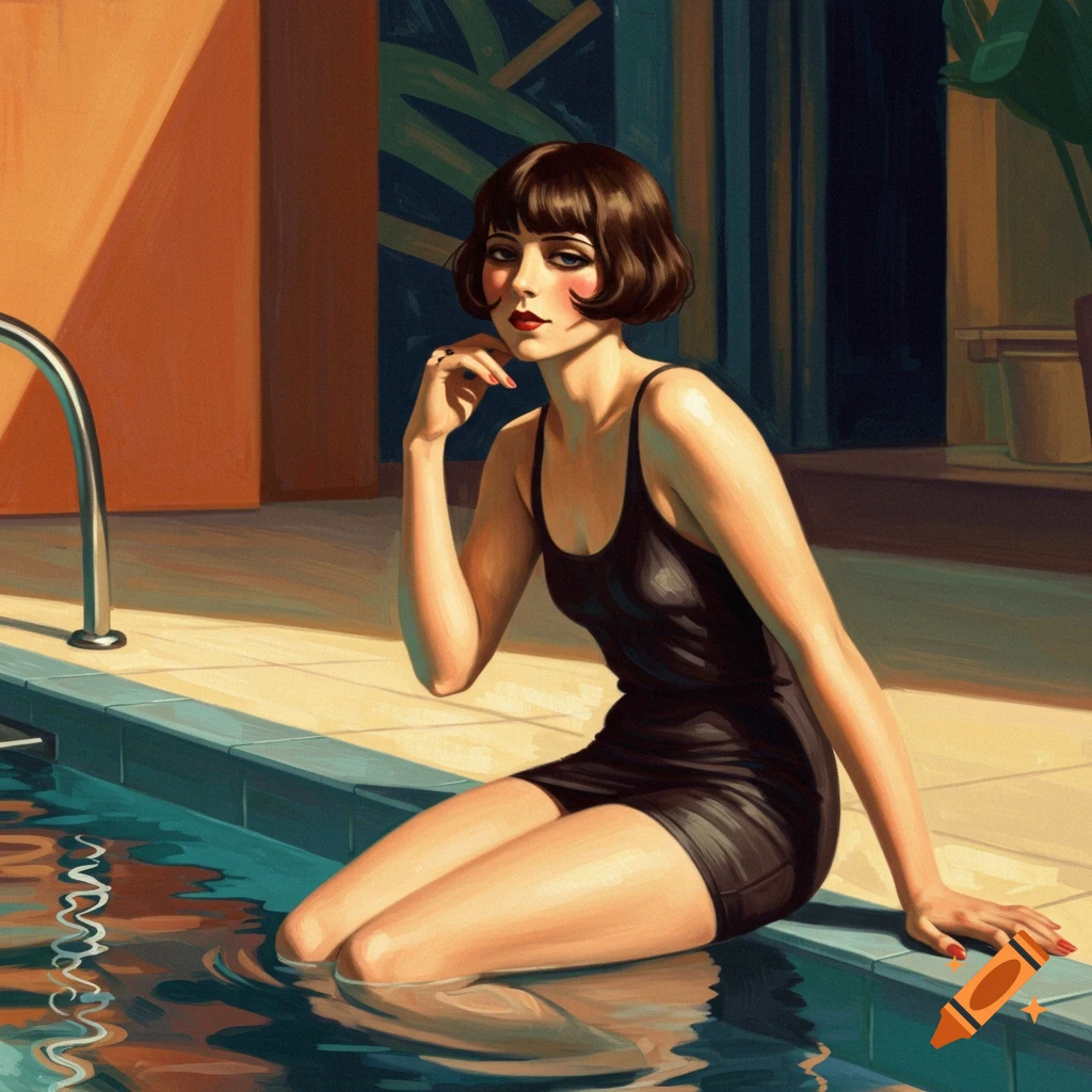 Oil painting of a woman with a bob haircut in a dark swimsuit, sitting by a swimming pool in an Art Deco style.