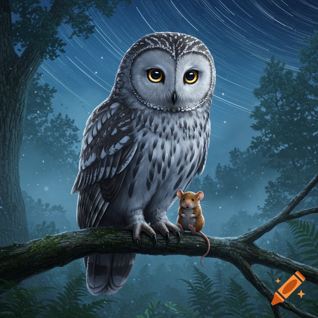 A majestic owl with glowing eyes and a small brown mouse perch on a mossy branch in a moonlit forest with star trails.