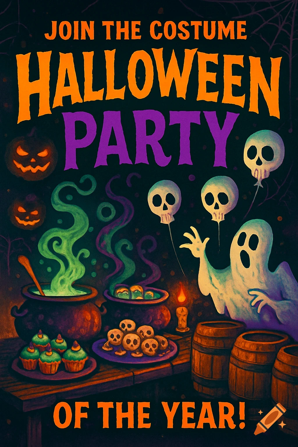 A colorful, vintage-style Halloween party invitation with text, jack-o'-lanterns, a ghost, skull balloons, cauldrons, cupcakes, and skull cookies.