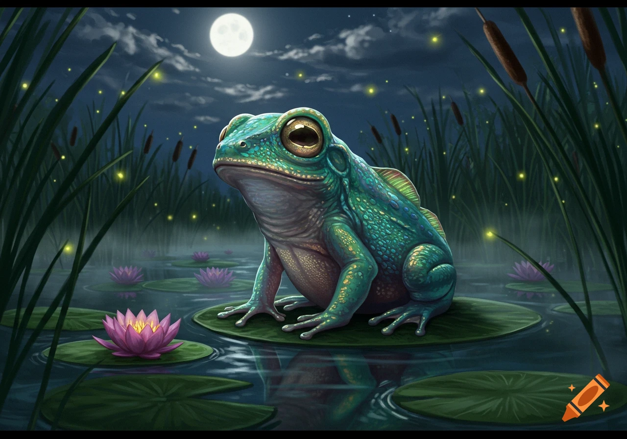 A vibrant green frog with large eyes sits on a lily pad in a moonlit pond, surrounded by glowing fireflies and tall reeds.