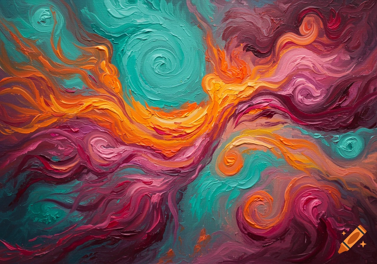A vibrant abstract oil painting with thick, swirling brushstrokes in teal, orange, pink, and deep red.