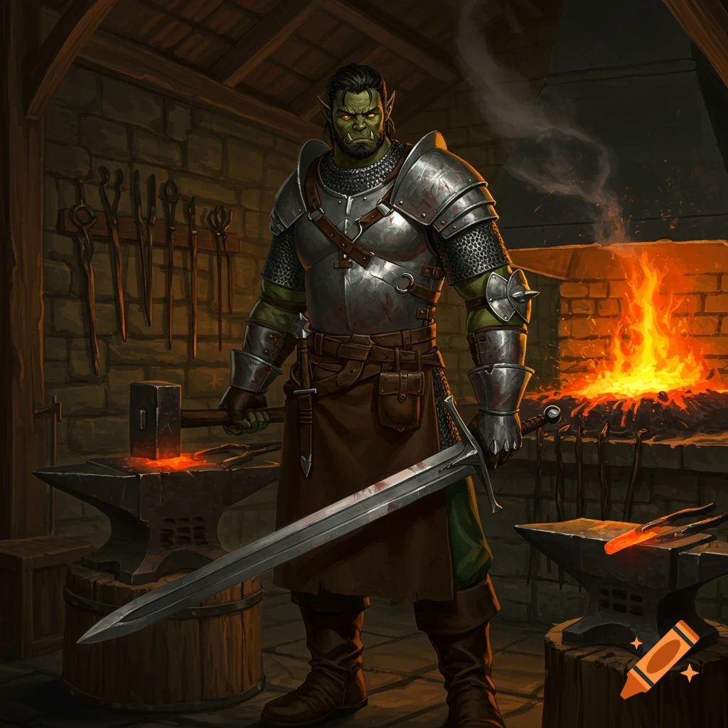 A muscular, green-skinned Half-Orc in full plate armor holds a longsword and hammer in a bustling blacksmith's forge.
