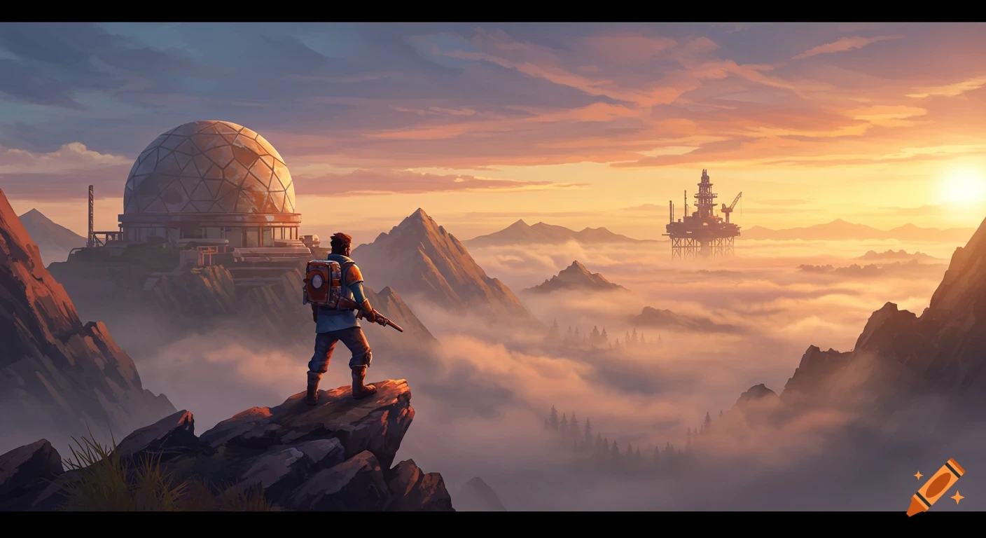 A stylized illustration of a person on a mountain peak overlooking a misty landscape with a large dome and an oil rig under a sunset sky.