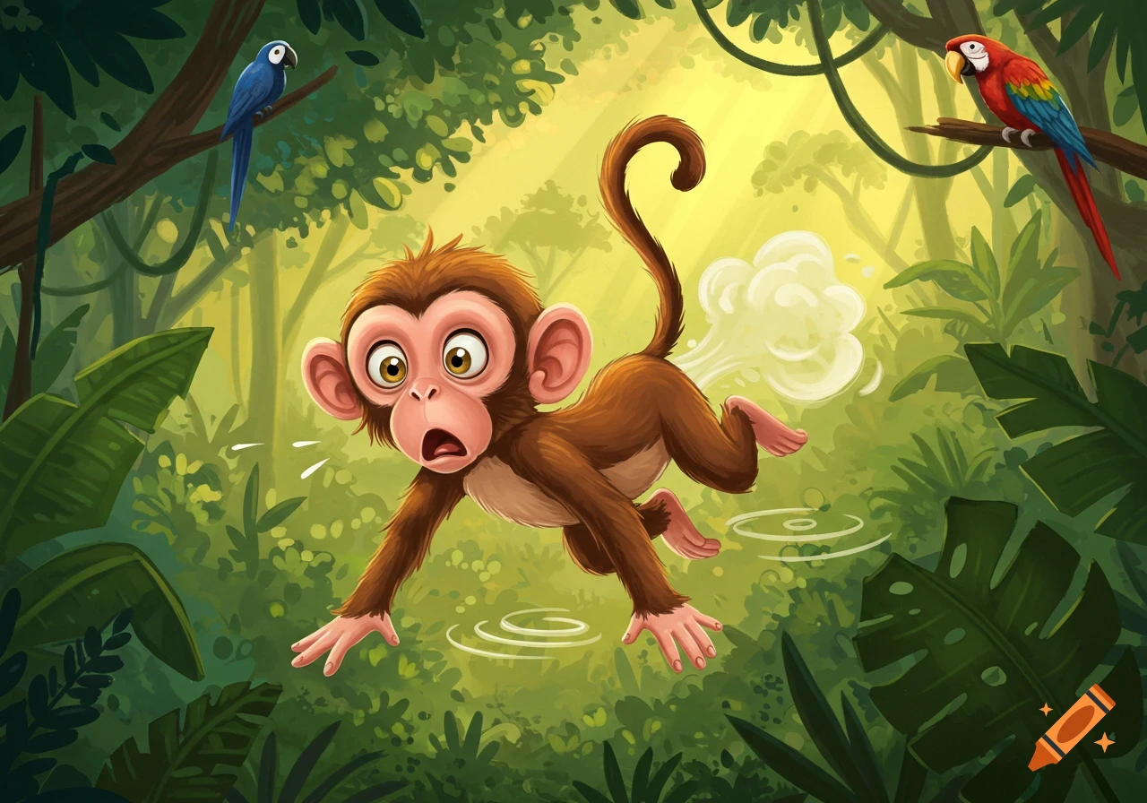 A cartoon monkey in a jungle, looking shocked as it farts, with two parrots nearby.