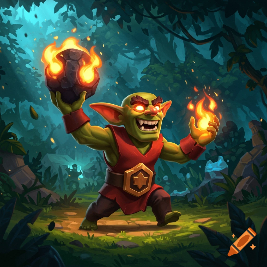 A green goblin-like creature with glowing red eyes holds a flaming rock and casts fire in a dark forest, digital art.