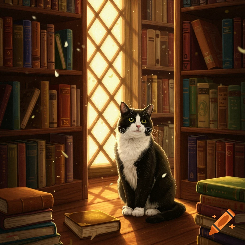 A fluffy black and white tuxedo cat sits on a sunlit wooden floor in a cozy library, surrounded by bookshelves filled with books.