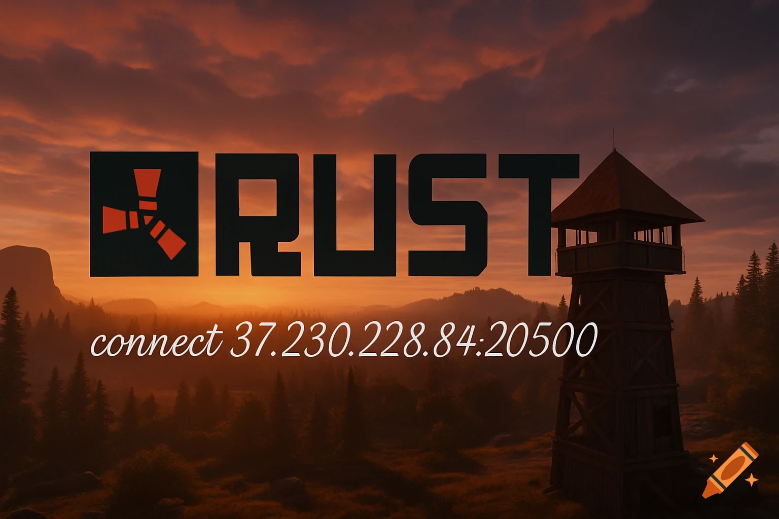 A Rust game banner featuring a sunset landscape with mountains, forests, a lookout tower, the 'RUST' logo, and a server connection address.