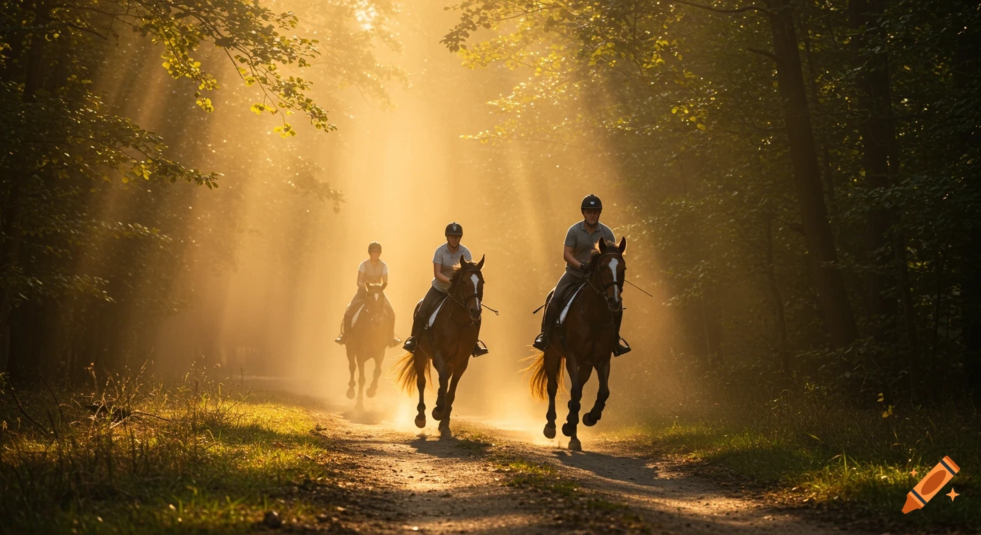 Three riders on horseback gallop down a sunlit forest trail, dust illuminated by golden light. Photorealistic.