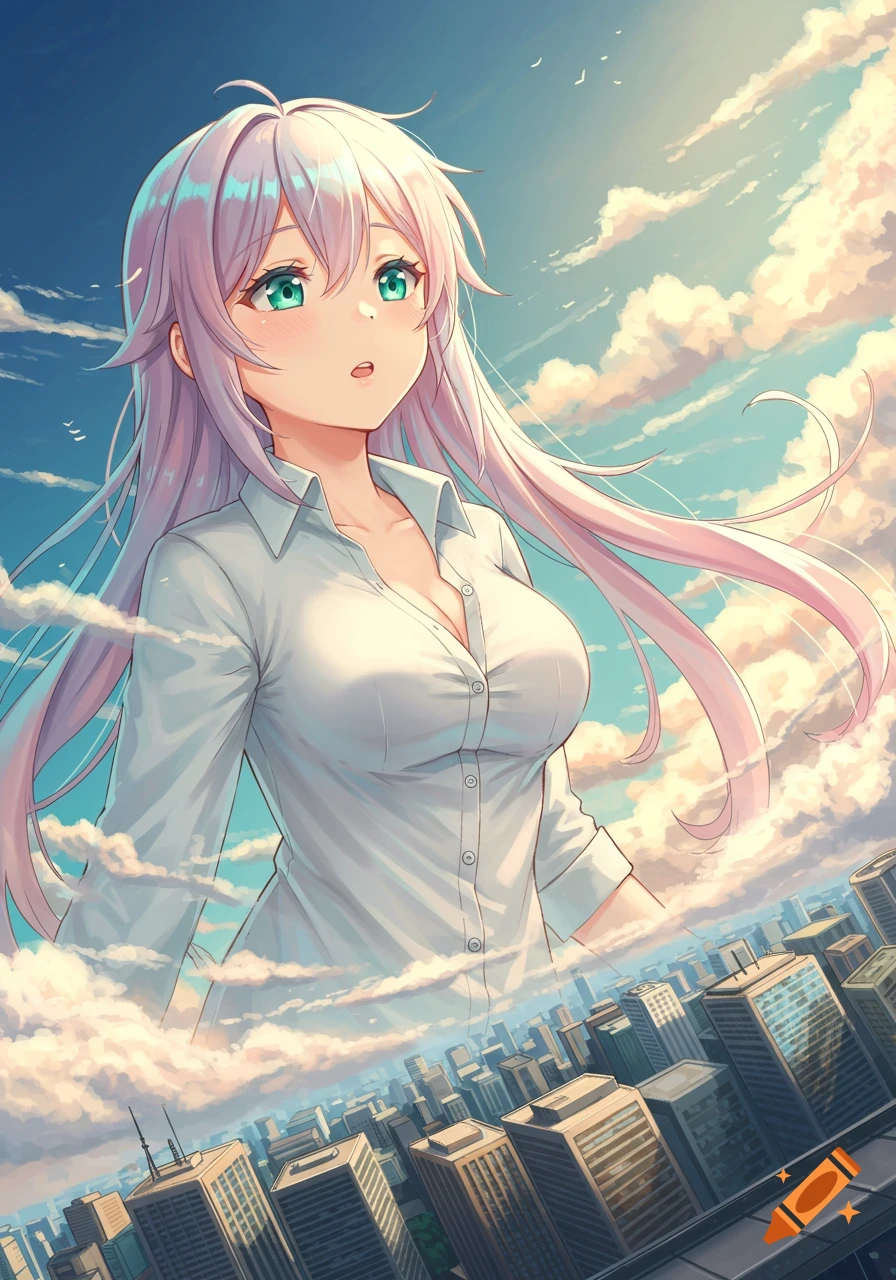 Anime giantess with long pink hair and a white shirt looking up, with clouds surrounding her over a city skyline.