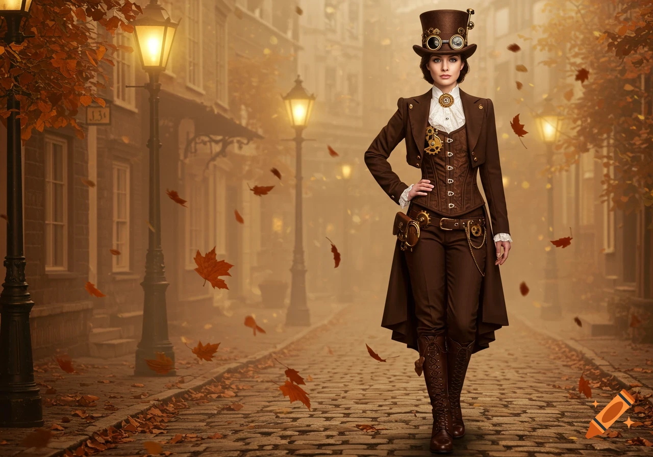 A woman in a brown steampunk outfit with a top hat and goggles stands on an autumn cobblestone street with falling leaves and glowing lampposts.