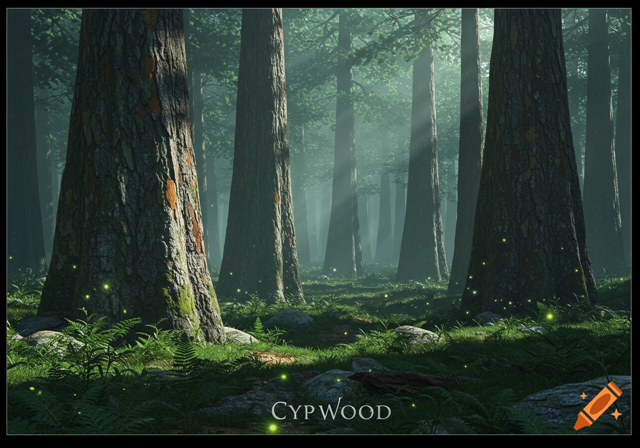 A serene, misty forest with tall trees, green foliage, and glowing lights on the ground. Text reads "CypWood".