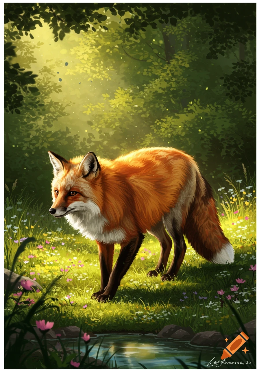 A red fox stands on a sunlit, grassy forest floor with wildflowers and a small stream in a digital painting style.