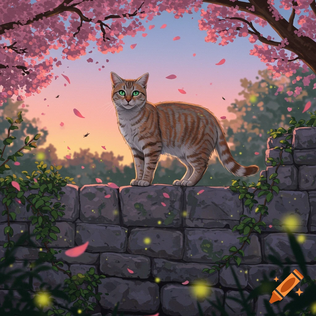 An orange tabby cat with green eyes stands on a stone wall under a blooming cherry blossom tree at sunset.