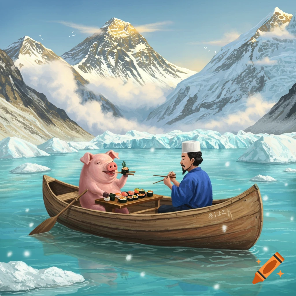 A smiling pig and a chef in a wooden canoe eat sushi on a bright blue glacial lake, surrounded by snowy mountains under a clear sky.