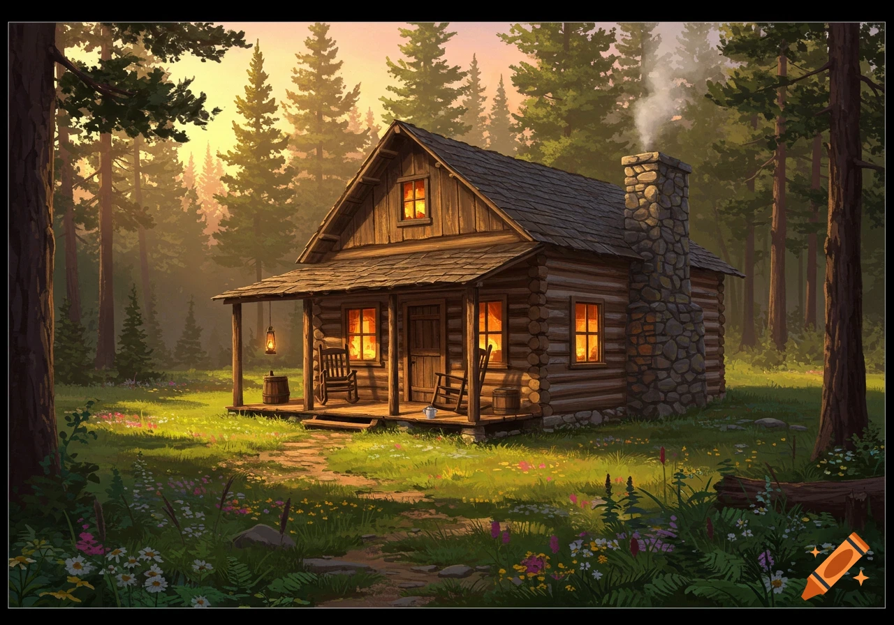 An idyllic illustration of a cozy log cabin nestled in a sunlit forest clearing, surrounded by green grass and wildflowers.