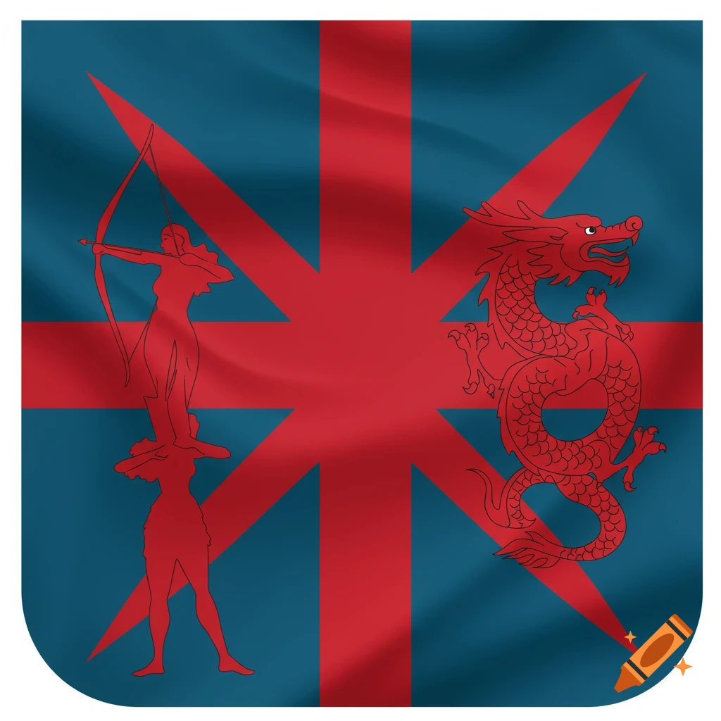 Stylized blue and red flag with a central red cross. The cross contains red silhouettes of an archer on a figure and an oriental dragon.