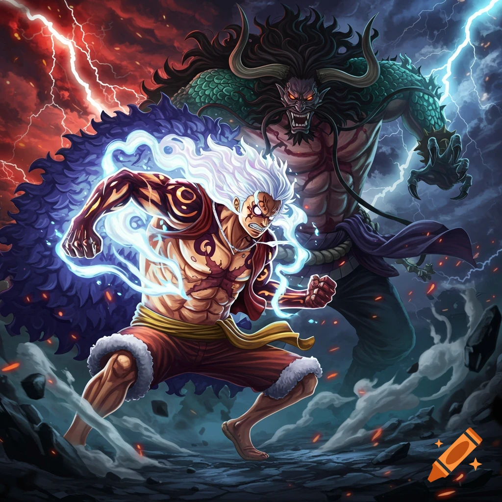 Luffy in Gear 5 with glowing white hair and glowing arms fighting Kaido, both surrounded by lightning in a dramatic anime style.